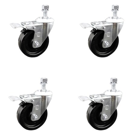 Service Caster 4 Inch SS Phenolic Swivel 12mm Threaded Stem Caster Set Total Lock Brake SCC SCC-SSTSTTL20S414-PHS-M1215-4